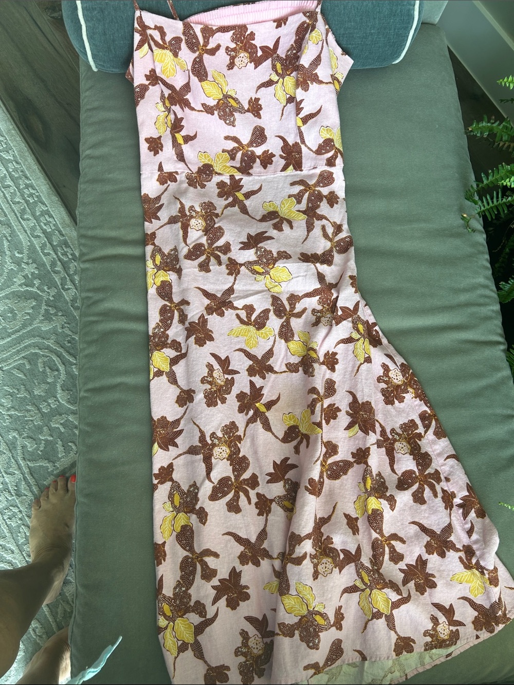 House of Harlow 1960 Pink Floral Midi Dress with Yellow & Brown Print